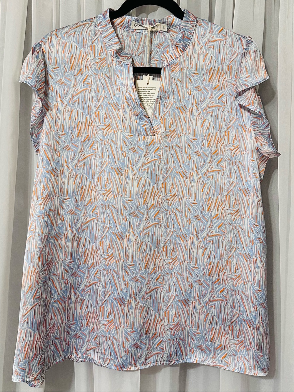 Grace+Emma Light Blue and Orange Textured Print V-Neck Blouse Lightweight Top